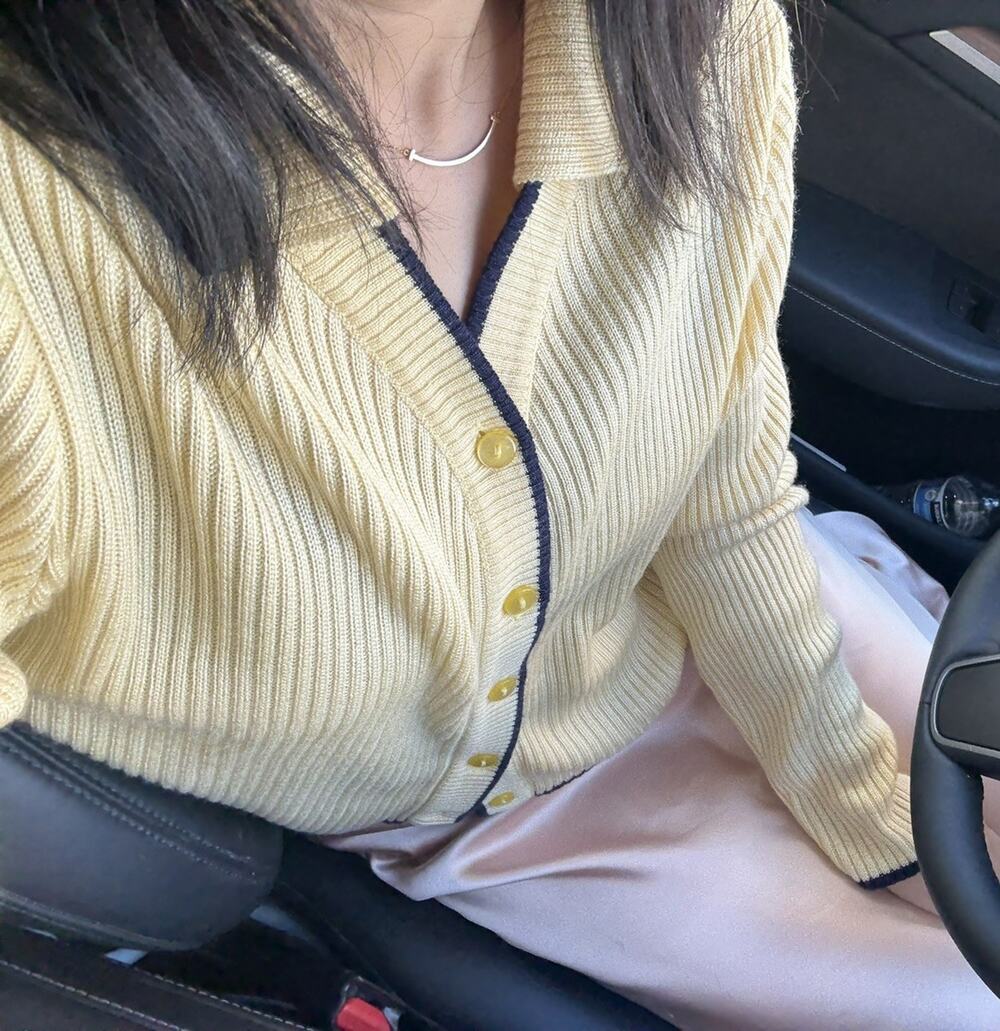 Kathie Lee Size L Butter Yellow Cardigan Sweater Ribbed Knit Collared Navy Trim